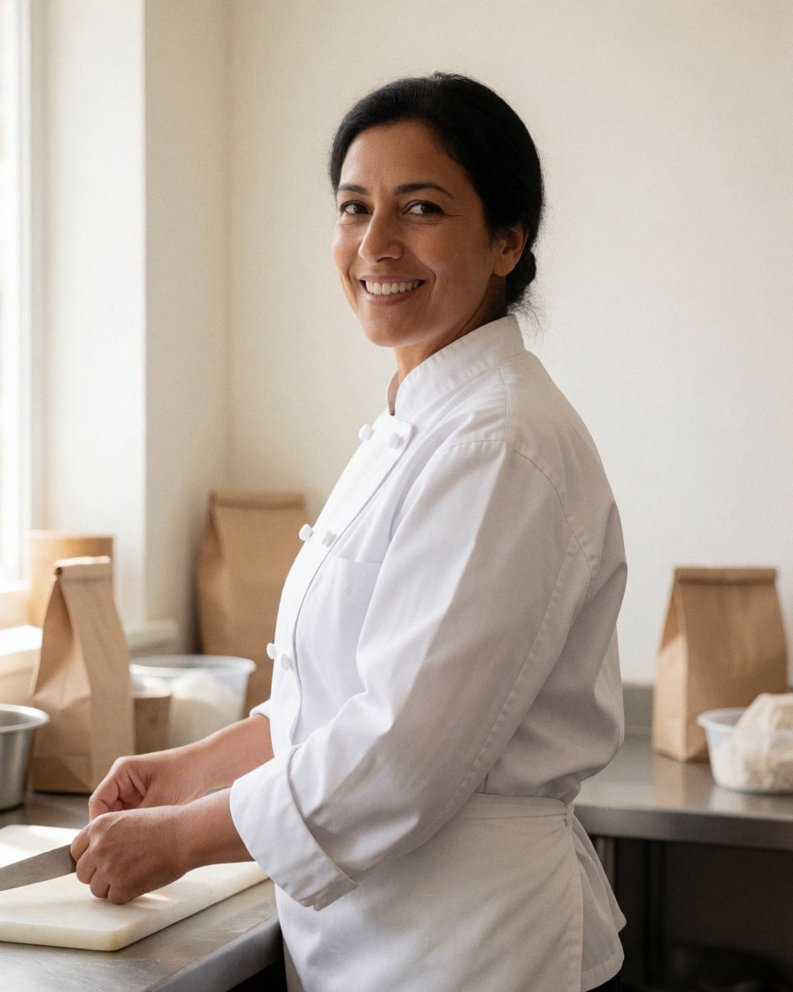 Une chef cuisinière sourit tout en tranchant des ingrédients sur une planche blanche dans une cuisine aux murs blancs, créant une ambiance propre et réaliste.
