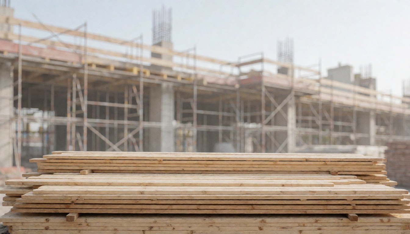 Arrière-plan flou de planches de bois utilisé comme fond pour du texte, typique des chantiers de construction et de l'industrie.