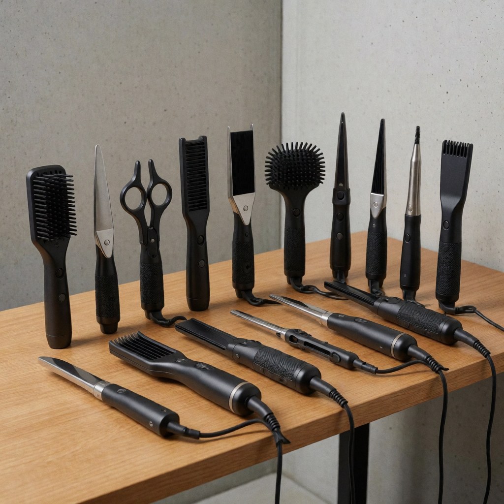 Ensemble d'outils de coiffure professionnelle sur une table en bois avec fond de béton et éclairage doux pour un salon moderne.