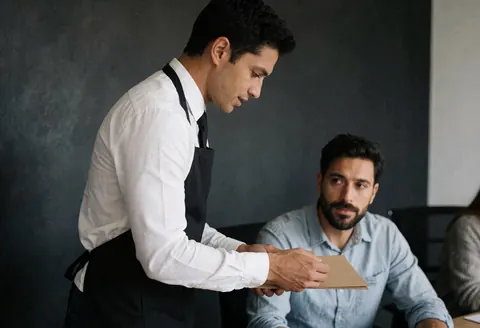 Un serveur en uniforme explique les options du menu à un client assis à une table dans un environnement professionnel.