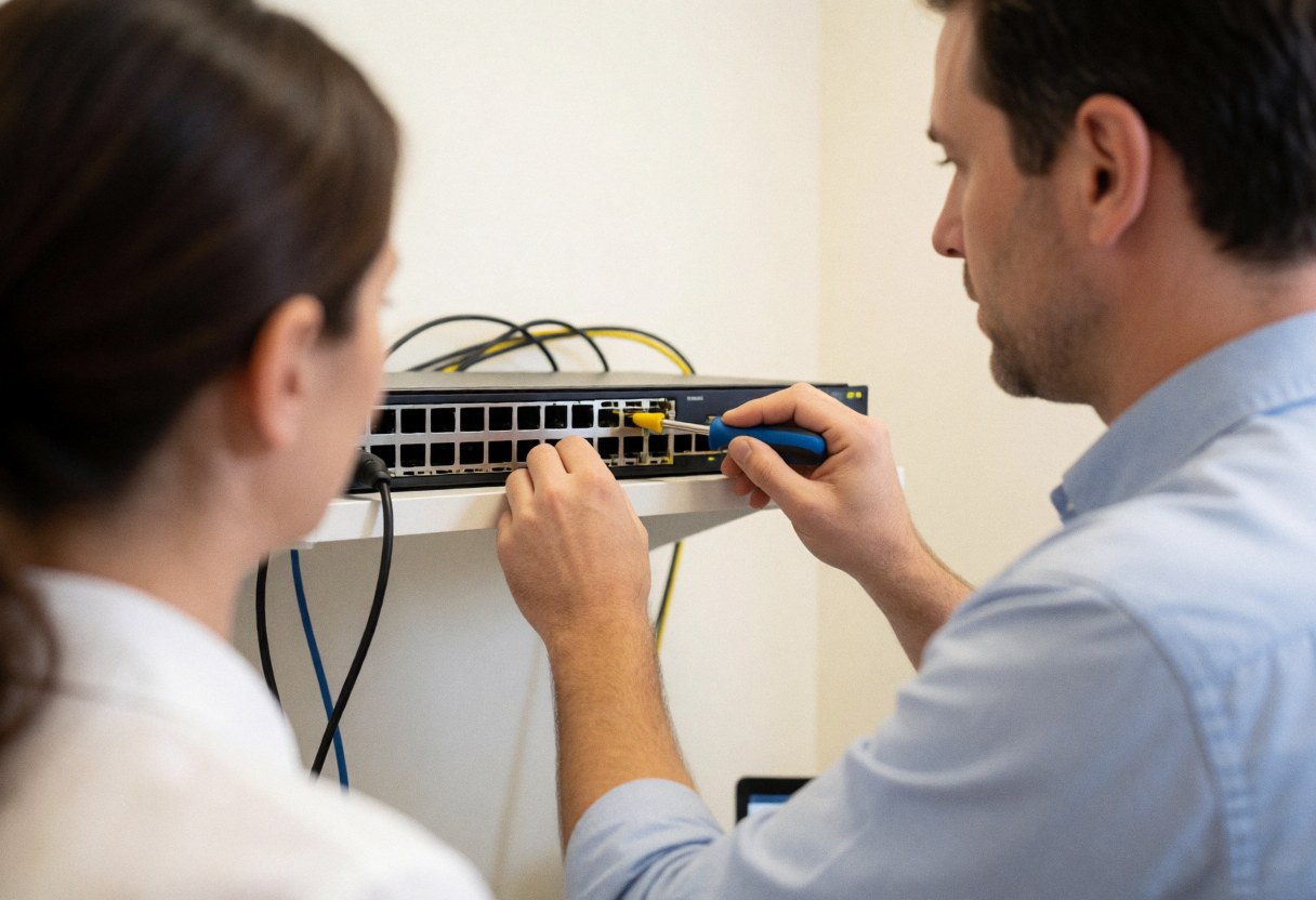 Un technicien ajuste un switch avec une outil tandis qu'un collègue observe attentivement dans un environnement professionnel.