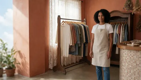 Vue intérieure d'une boutique de mode avec des murs en terre cuite, un sol en béton poli, des étagères en bois et une vendeuse portant un tablier dans une ambiance lumineuse.