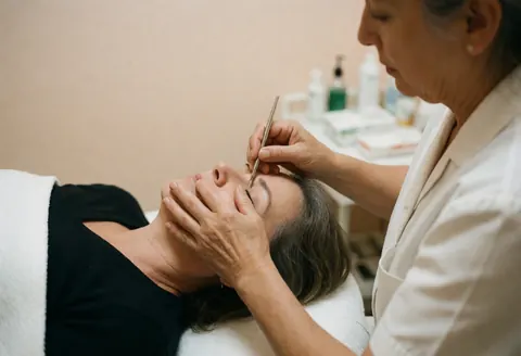 Un thérapeute réalise un traitement du visage avec des outils spécialisés dans un environnement professionnel beige, apaisant et relaxant.