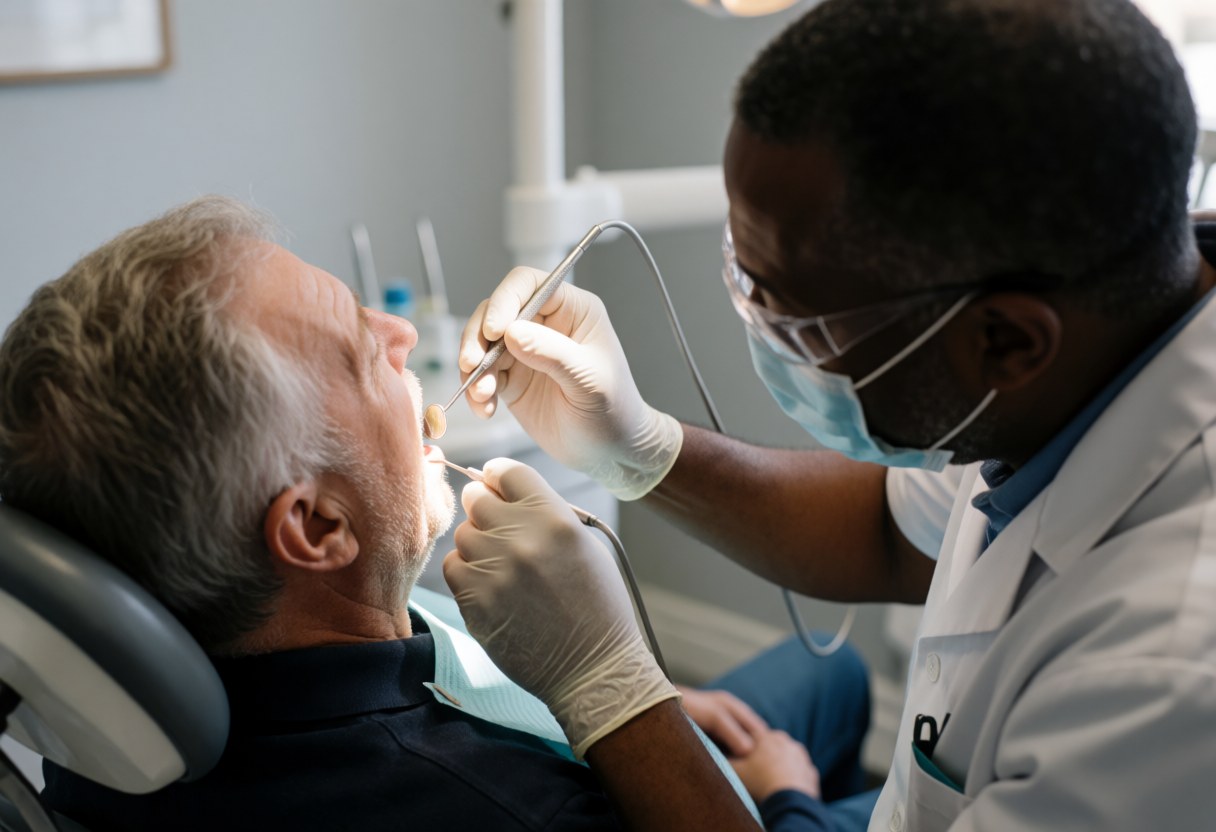 Un dentiste portant masque et lunettes examine la cavité buccale d'un patient à l'aide d'instruments dentaires dans une clinique aux murs gris clair.