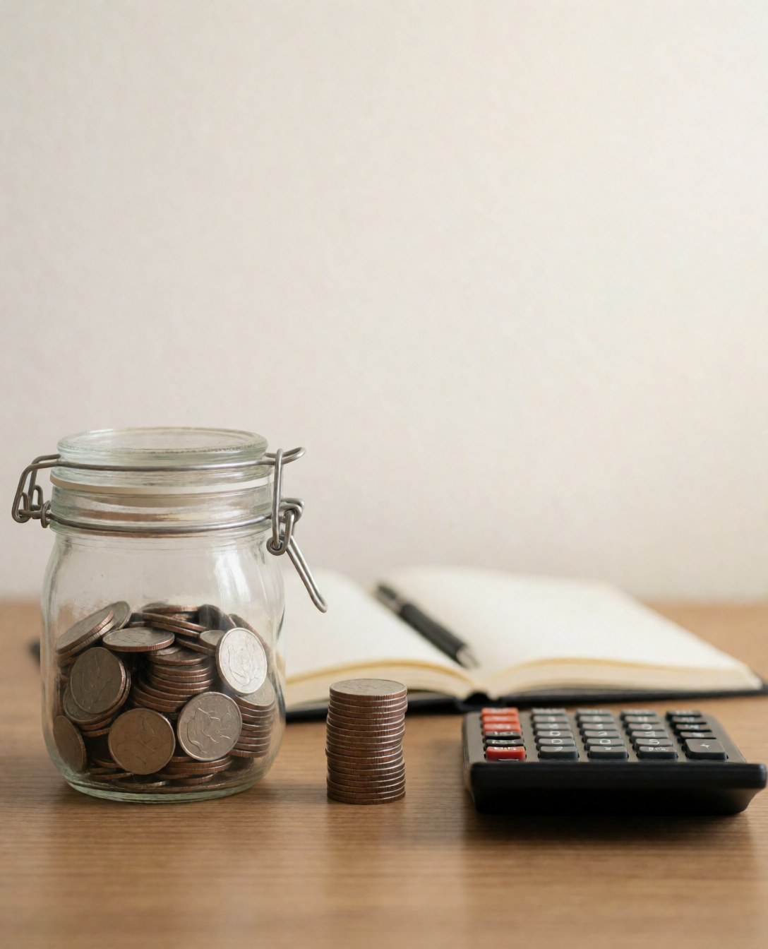 Bocal en verre rempli de pièces, pile de monnaies, calculatrice et cahier ouvert posés sur une table en bois clair.