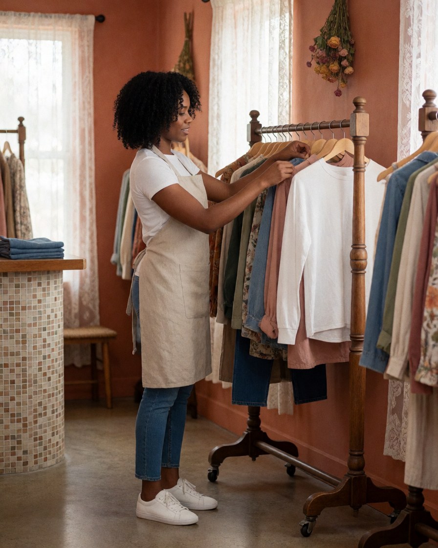 Une femme range soigneusement des vêtements pliés sur des étagères dans un magasin de mode, assurant l'ordre et la présentation du stock.
