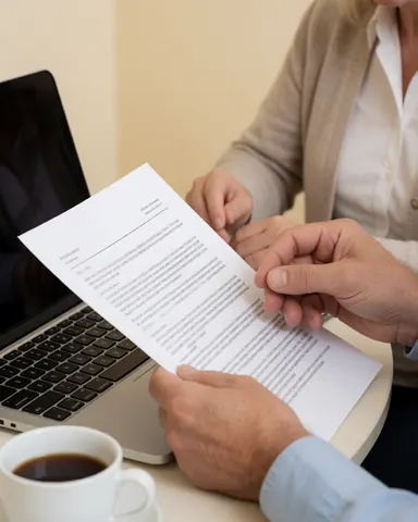 Profilé de mains tenant un papier imprimé près d'un ordinateur portable et d'une tasse de café noir dans un environnement de bureau moderne.