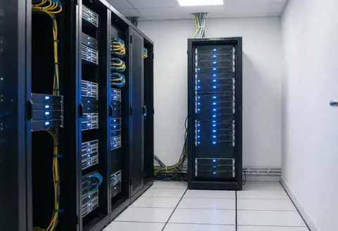 Vue d'une salle de serveurs moderne et épurée, équipée de racks noirs, de câbles organisés et d'un éclairage bleu apaisant, reflétant une infrastructure informatique professionnelle et sécurisée.