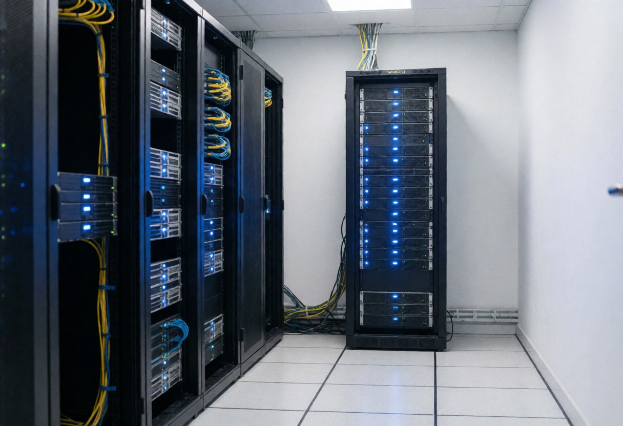 Vue d'une salle de serveurs moderne et épurée, équipée de racks noirs, de câbles organisés et d'un éclairage bleu apaisant, reflétant une infrastructure informatique professionnelle et sécurisée.