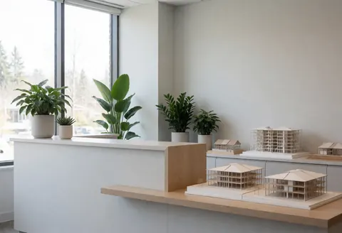 Réception de bureau moderne avec maquettes architecturales, plantes vertes et grandes fenêtres laissant entrer la lumière naturelle, ambiance minimaliste et professionnelle.