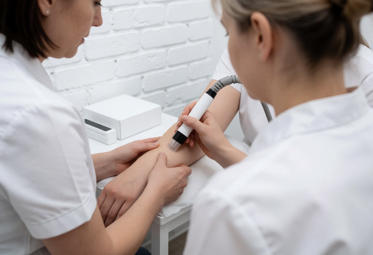 Séance de thérapie laser réalisée en clinique par une esthéticienne professionnelle.