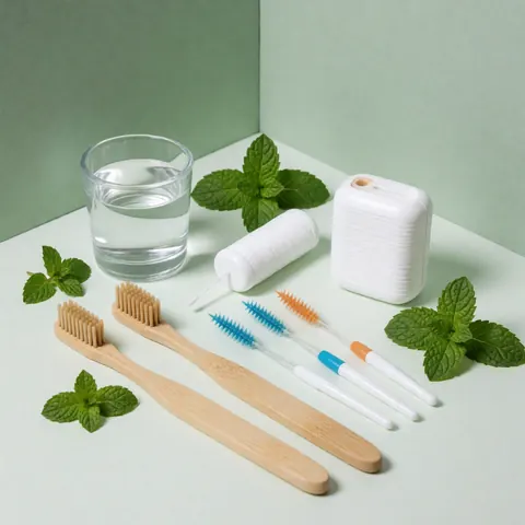 Vue de dessus de brosses à dents en bambou, fil dentaire et feuilles de menthe sur fond blanc et vert clair.