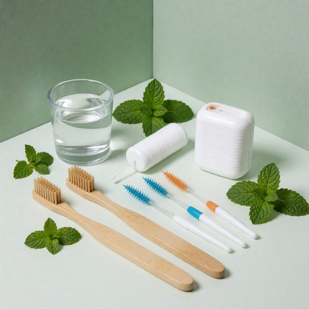 Vue de dessus de brosses à dents en bambou, fil dentaire et feuilles de menthe sur fond blanc et vert clair.