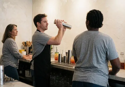 Un bartender secoue un cocktail derrière le comptoir du bar tandis qu'un client observe la préparation des boissons.