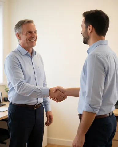 Un client et un technicien se saluent et sourient dans un bureau professionnel avec une ordinateur et une chaise visibles.