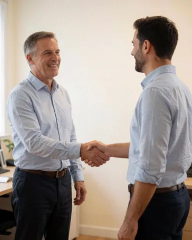 Un client et un technicien se saluent et sourient dans un bureau professionnel avec une ordinateur et une chaise visibles.