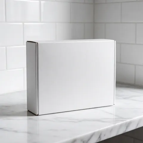 Boîte blanche de kit de blanchiment dentaire posée sur une surface en marbre blanc avec des carreaux blancs en arrière-plan et un éclairage doux.
