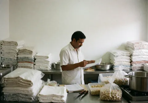 Un homme consulte des listes d'inventaire dans une cuisine professionnelle, entouré de nappes pliées et d'ustensiles, illustrant l'organisation du service.