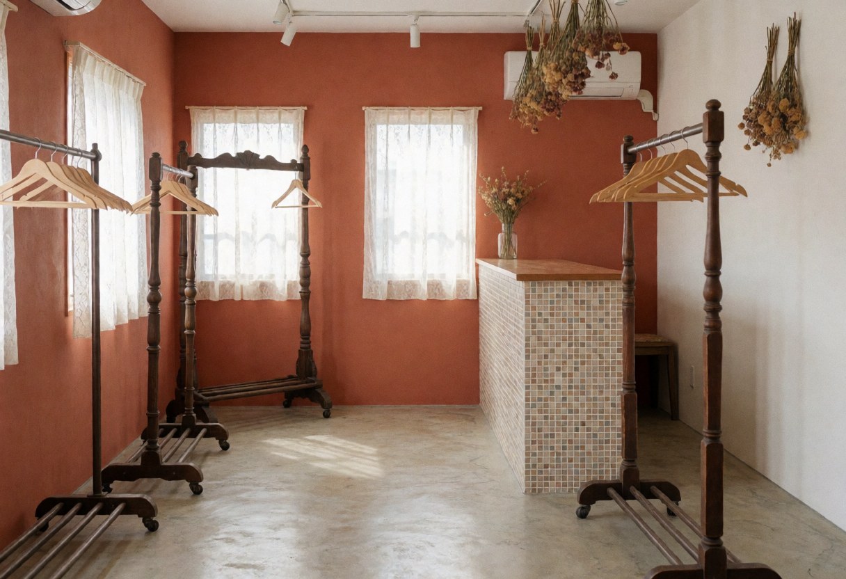 Intérieur d'un magasin avec murs en terre cuite, sol en béton poli, cintres vintage et comptoir en mosaïque. Lumière naturelle par des fenêtres avec rideaux en dentelle.
