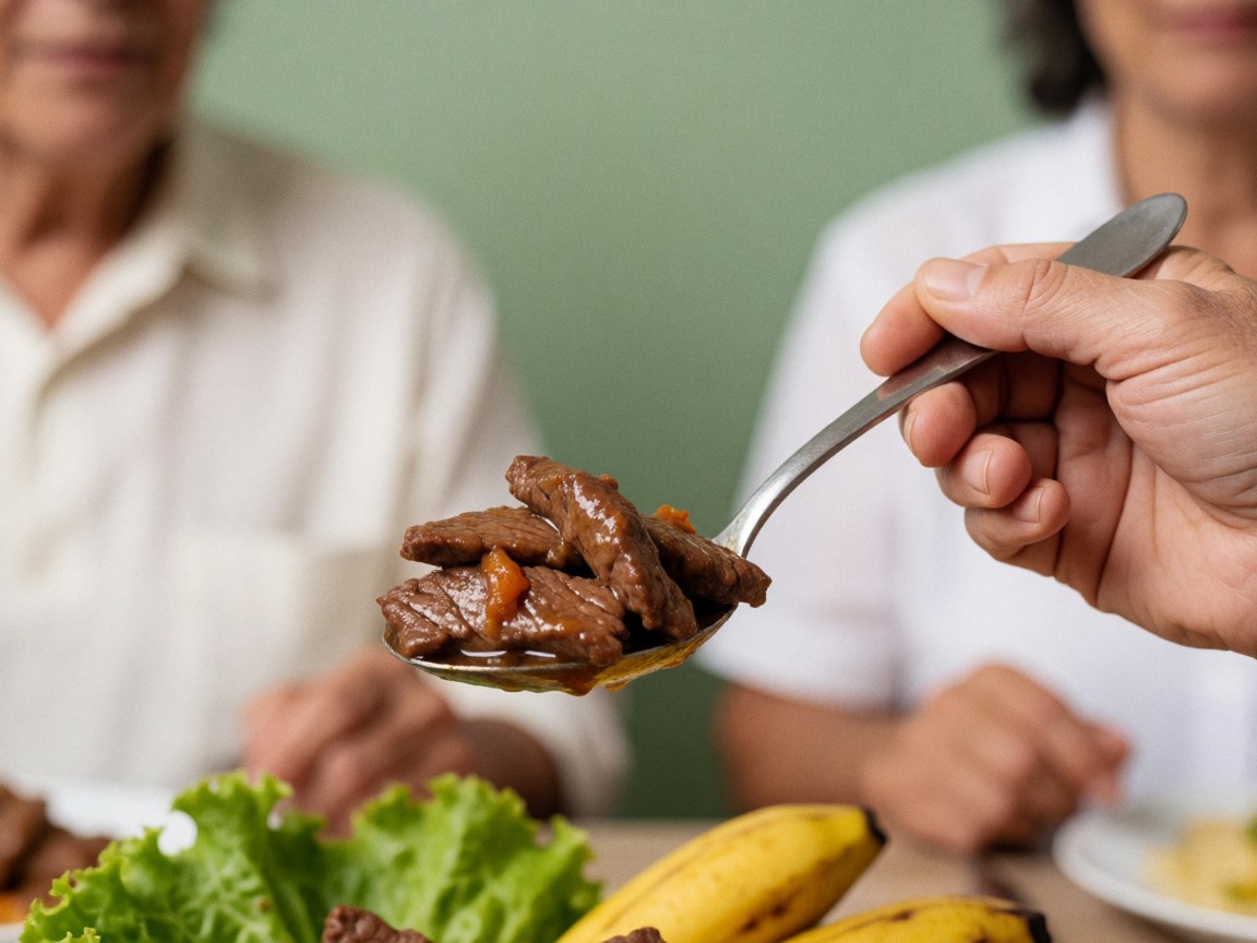 Gros plan sur un lomo saltado nappé de sauce brillante, une main tenant une cuillère, accompagnée de laitue et de bananes sur fond flou.