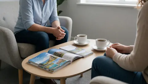 Un conseiller en voyage discute avec un client dans un bureau calme, entouré de guides touristiques et d'une tasse de café sur la table.
