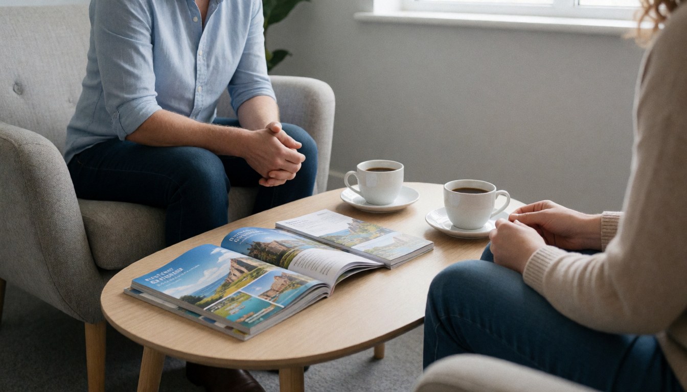 Un conseiller en voyage discute avec un client dans un bureau calme, entouré de guides touristiques et d'une tasse de café sur la table.