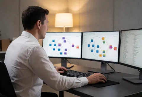 Un développeur logiciel travaille concentré devant trois moniteurs affichant des diagrammes de réseau dans un bureau moderne aux murs en béton et à l'éclairage chaleureux.
