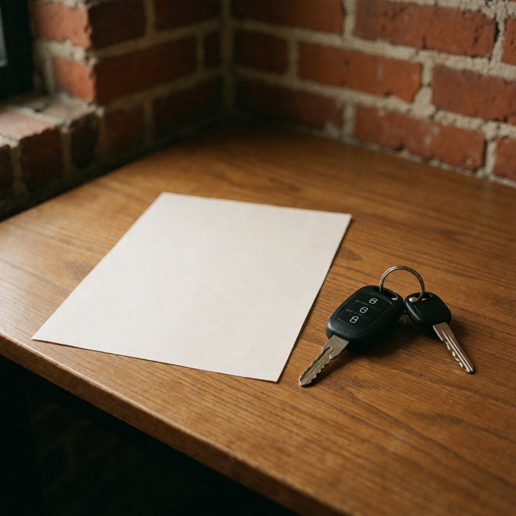 Une clé de voiture repose sur un document officiel placé sur une table en bois, devant un mur de briques rouges, évoquant la protection et la sécurité.
