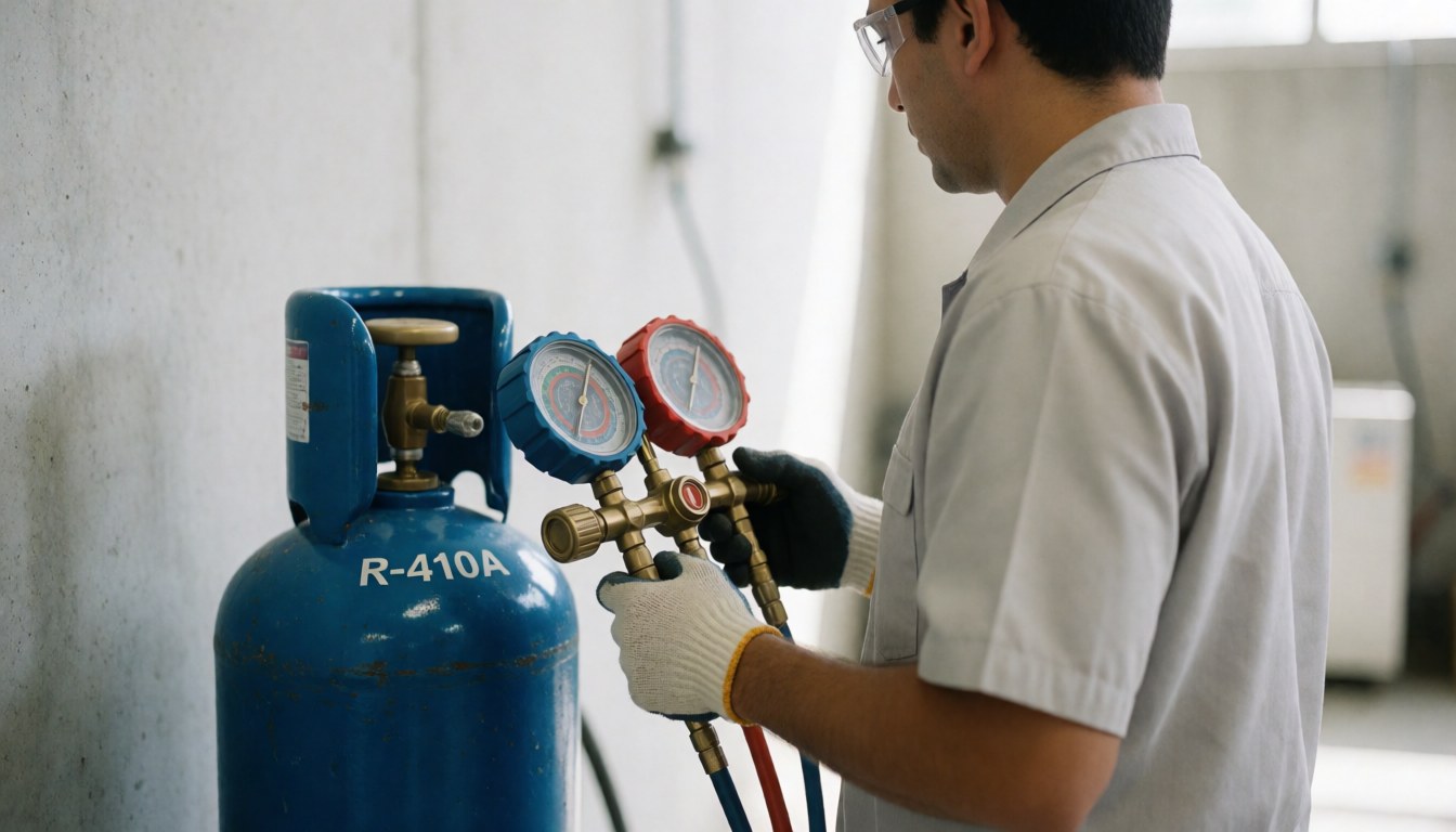 Un technicien HVAC en gants et lunettes de sécurité manipule un manomètre connecté à un cylindre bleu de réfrigérant dans une salle mécanique.