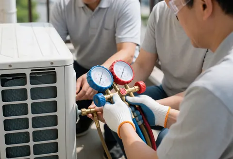 Un technicien en gants et lunettes de sécurité branche un manomètre sur le condenseur d'une climatisation, tandis qu'un collègue observe la scène.