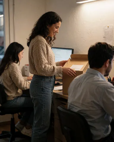 Une femme sourit en ouvrant une boîte de livraison au bureau tandis que des collègues travaillent sur leurs ordinateurs, illustrant la logistique et le travail d'équipe.
