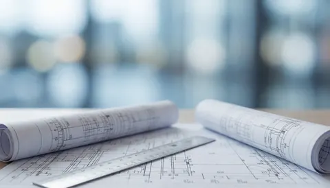 Plans de construction et règle sur une table, tons froids, idéal pour textes commerciaux dans bureaux d'architectes ou ingénieurs
