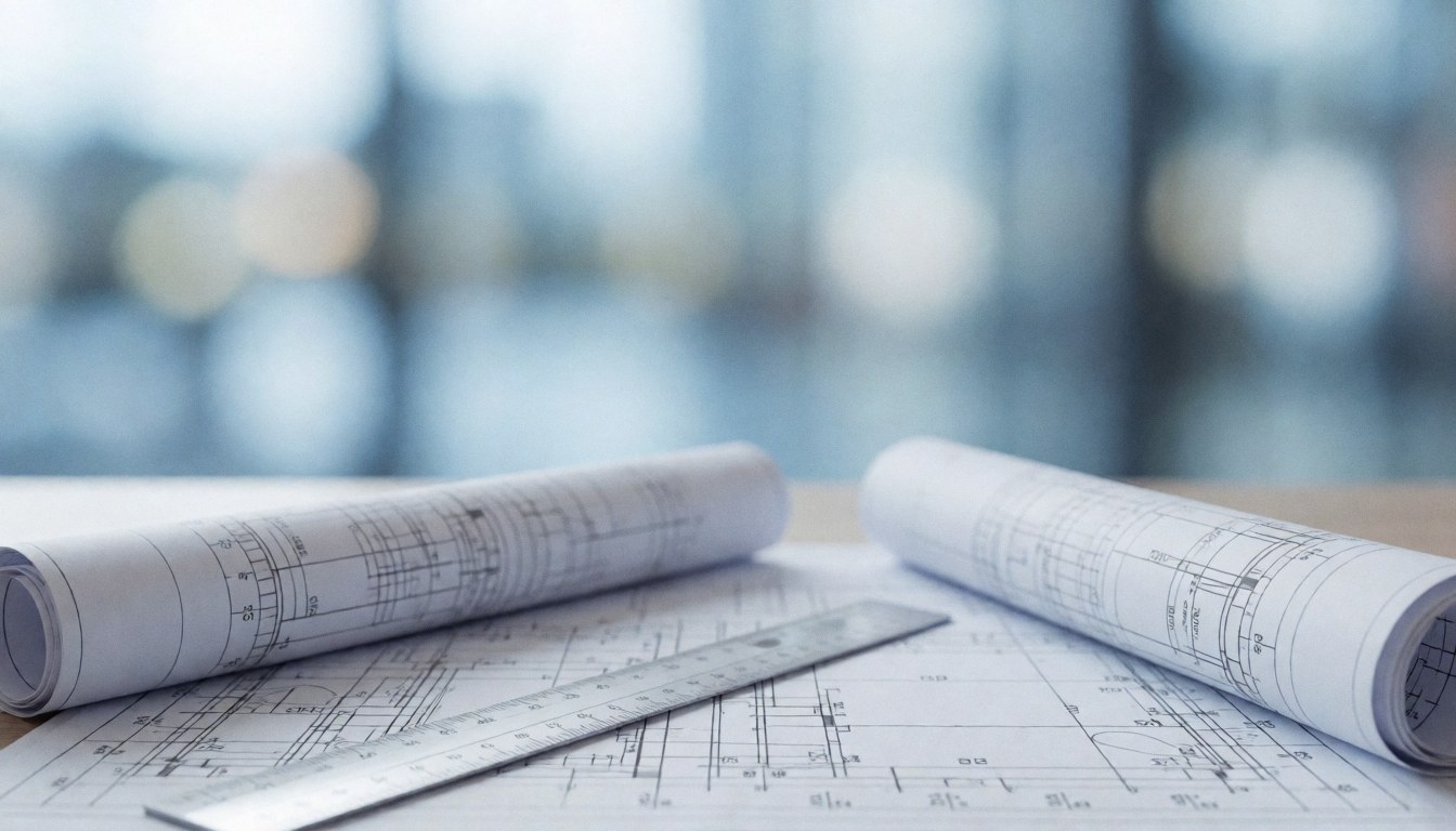 Plans de construction et règle sur une table, tons froids, idéal pour textes commerciaux dans bureaux d'architectes ou ingénieurs