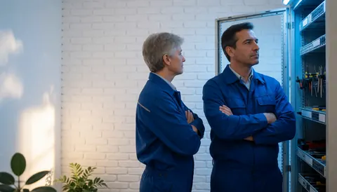 Deux techniciens en uniforme bleu inspectent un rack de serveurs avec des outils dans un bureau aux murs de briques blanches et à la lumière chaude.