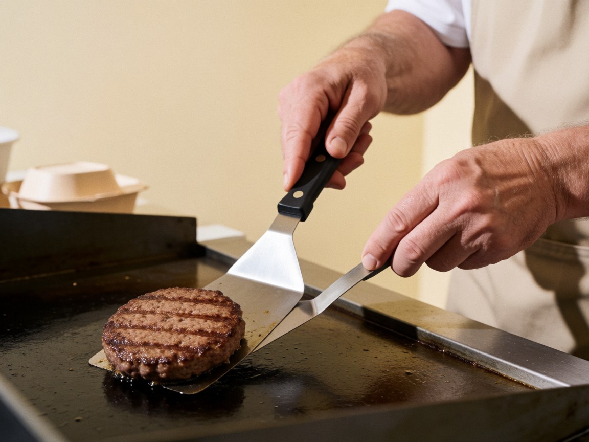 Un hamburger est en cours de cuisson sur une surface de grillage professionnelle, mettant en évidence la préparation culinaire.