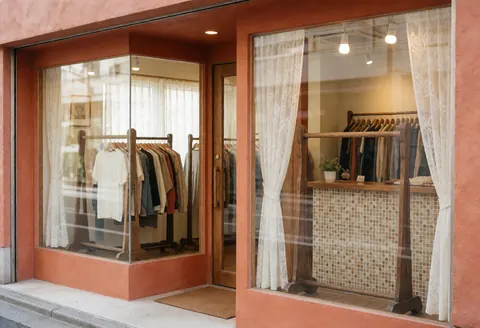 Façade d'un magasin de mode avec des murs en terre cuite, des fenêtres ornées de rideaux en dentelle et des portemanteaux en bois exposant des vêtements vintage.