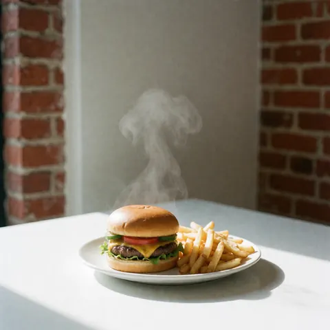 Un hamburger appétissant accompagné de frites dorées posé sur une surface blanche, éclairage naturel mettant en valeur la texture du pain et des ingrédients.