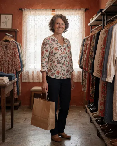 Une femme sourit en tenant un sac de papier dans une boutique de mode aux murs terracotta, avec des vêtements suspendus et une lumière naturelle.