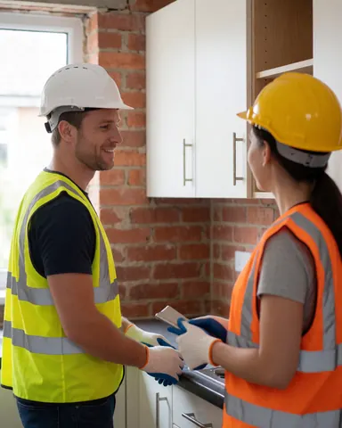 Un client souriant observe les travaux de rénovation intérieure réalisés par une entreprise de construction.