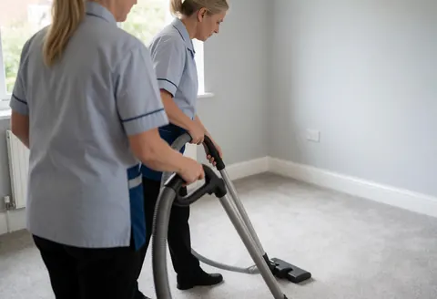 Une femme en uniforme effectue le nettoyage d'une moquette à l'aide d'un aspirateur dans un intérieur.
