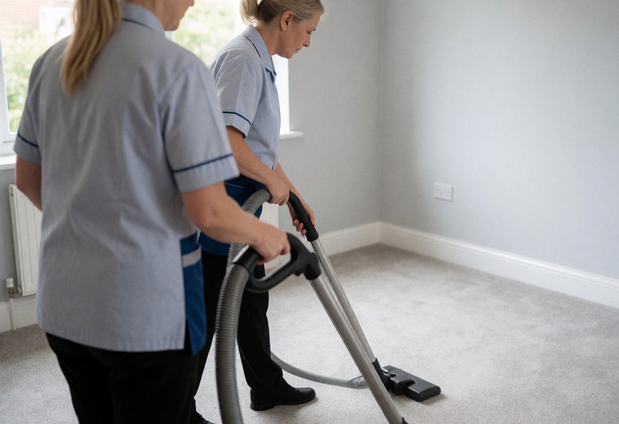 Une femme en uniforme effectue le nettoyage d'une moquette à l'aide d'un aspirateur dans un intérieur.
