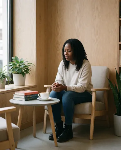 Une personne assise sur une chaise confortable dans une librairie avec une table, une tasse de café, des livres empilés, des plantes et des murs en bois naturel sous une lumière douce.