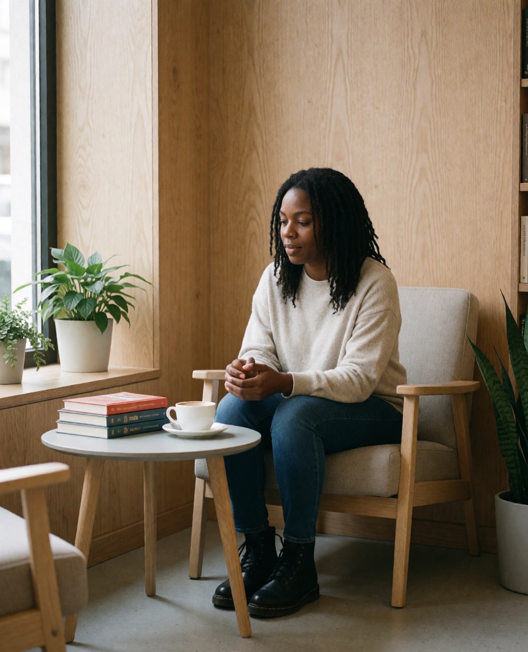 Une personne assise sur une chaise confortable dans une librairie avec une table, une tasse de café, des livres empilés, des plantes et des murs en bois naturel sous une lumière douce.