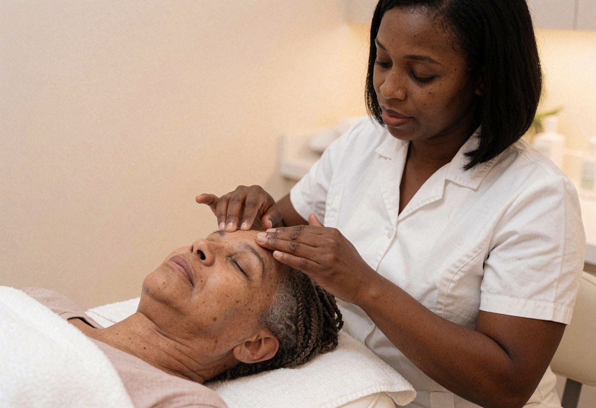 Une esthéticienne en blouse blanche réalise un massage du visage sur une cliente âgée dans un salon aux murs beiges et à l'éclairage doux.