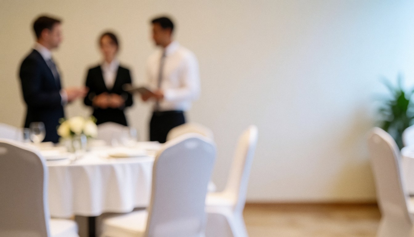 Arrière-plan lumineux et flou d'une salle de banquet avec des tables et des chaises blanches, idéal pour superposer du texte dans un contexte commercial ou événementiel.