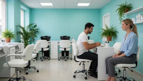 Intérieur d'un salon de beauté avec des murs turquoise, des chaises blanches et des plantes. Une professionnelle prend soin des ongles d'une cliente assise à une table.