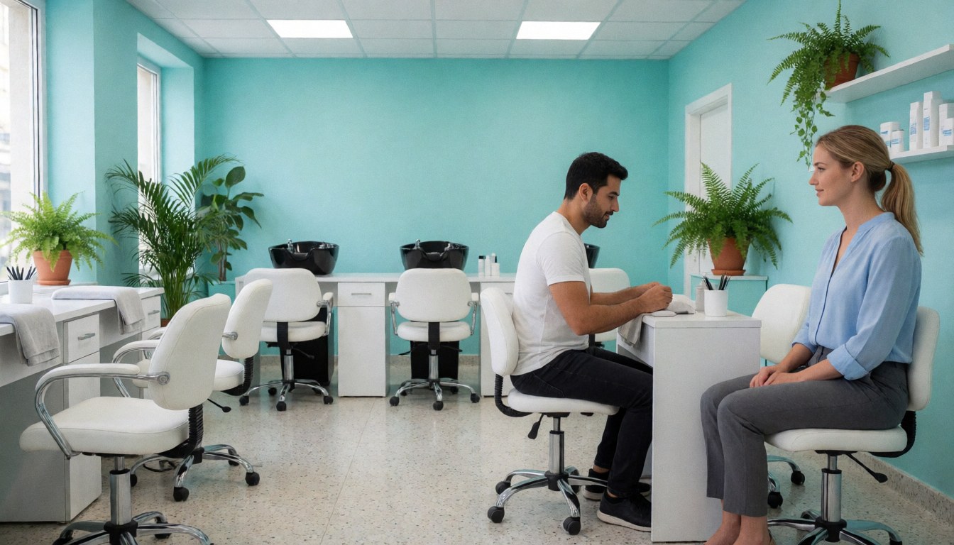 Intérieur d'un salon de beauté avec des murs turquoise, des chaises blanches et des plantes. Une professionnelle prend soin des ongles d'une cliente assise à une table.