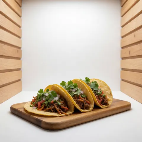 Des tacos frais disposés sur une planche en bois avec des herbes vertes, sur un fond blanc.