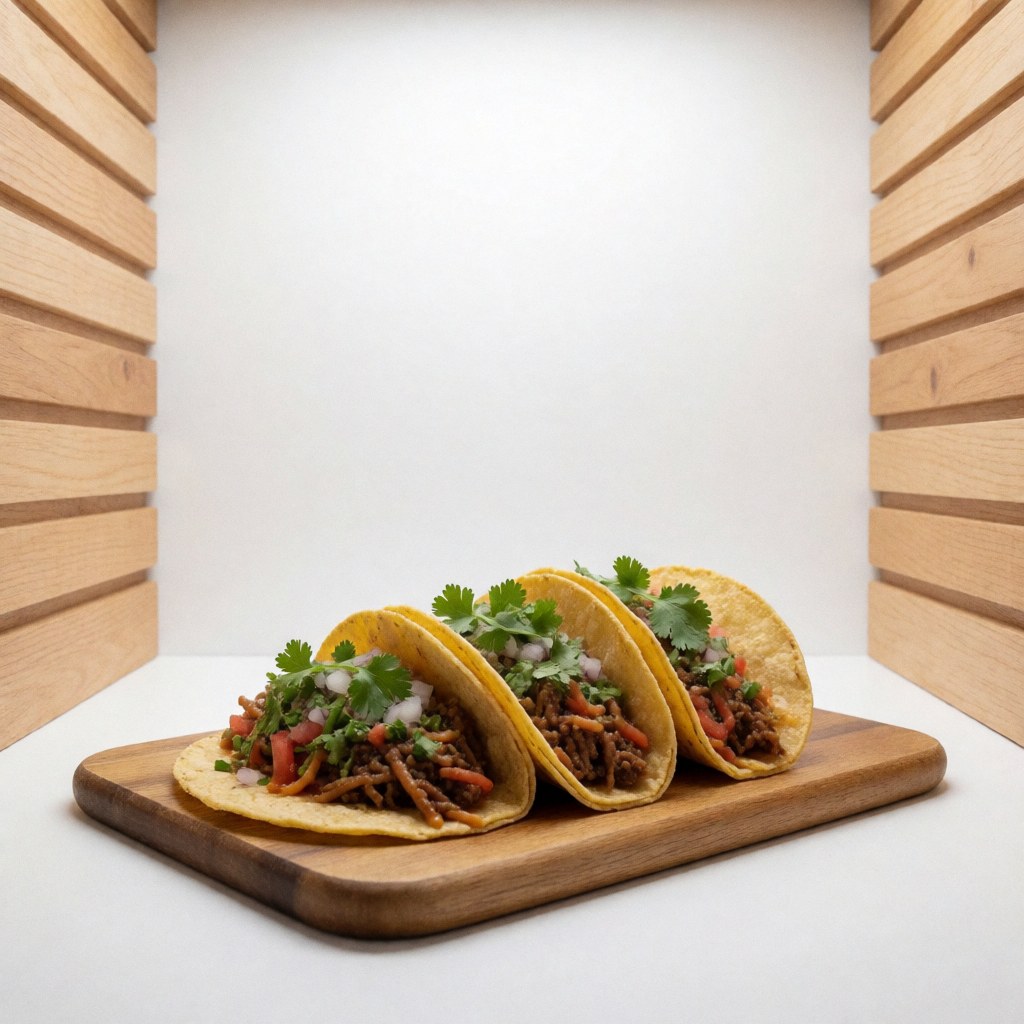 Des tacos frais disposés sur une planche en bois avec des herbes vertes, sur un fond blanc.