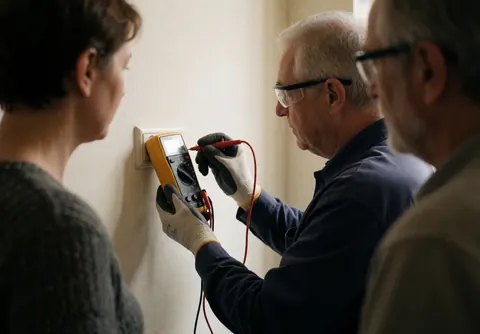 Électricien équipé de lunettes et gants isolants teste une prise avec un multimètre pendant qu'un client observe attentivement dans un intérieur professionnel.